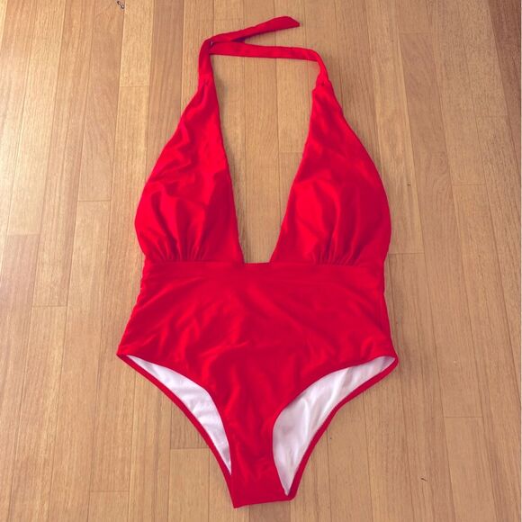 MARILYN MONROE Pinup Style Red Halter One Piece Lined Swimsuit Size M/L - Picture 2 of 4